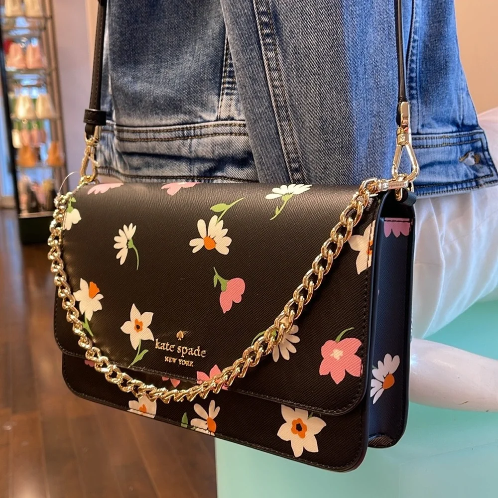 Kate Spade Madison Floral Waltz Flap Convertible Crossbody Black Multi NWT